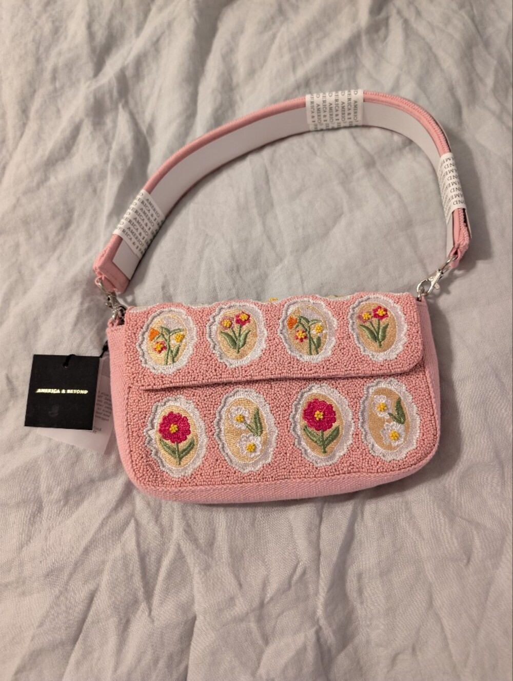 America & Beyond NWT VIRAL Beaded Shoulder Bag 3D Floral Print Pink Red White